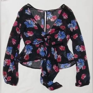 Forever 21 Black Floral Blouse with Tie Front Size M